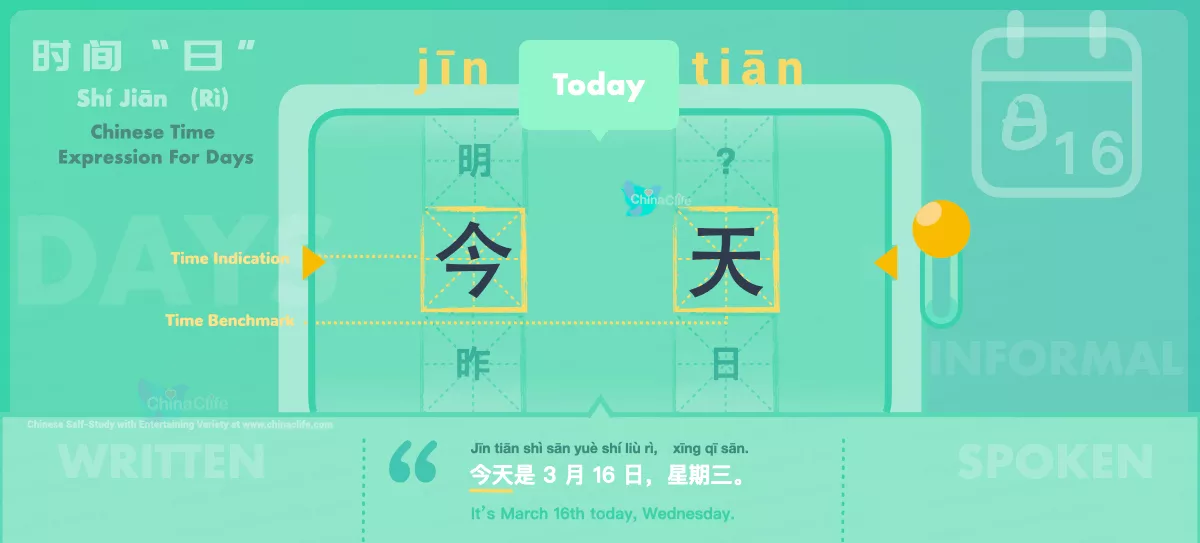 Chinese Flashcard Today in Chinese 今天 with Pinyin jīn tiān and Example Sentences